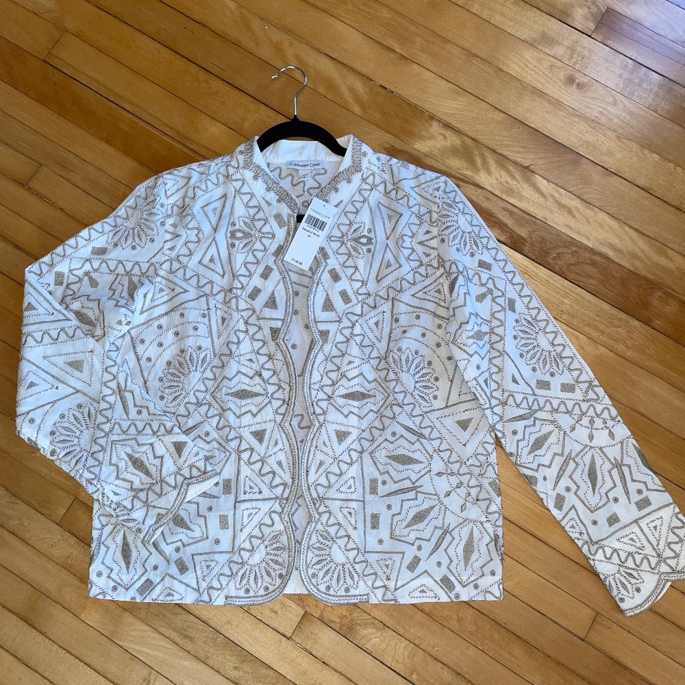 COLDWATER CREEK NWT Embroidered Jacket Coat Scalloped Edge White Tan Lagenlook